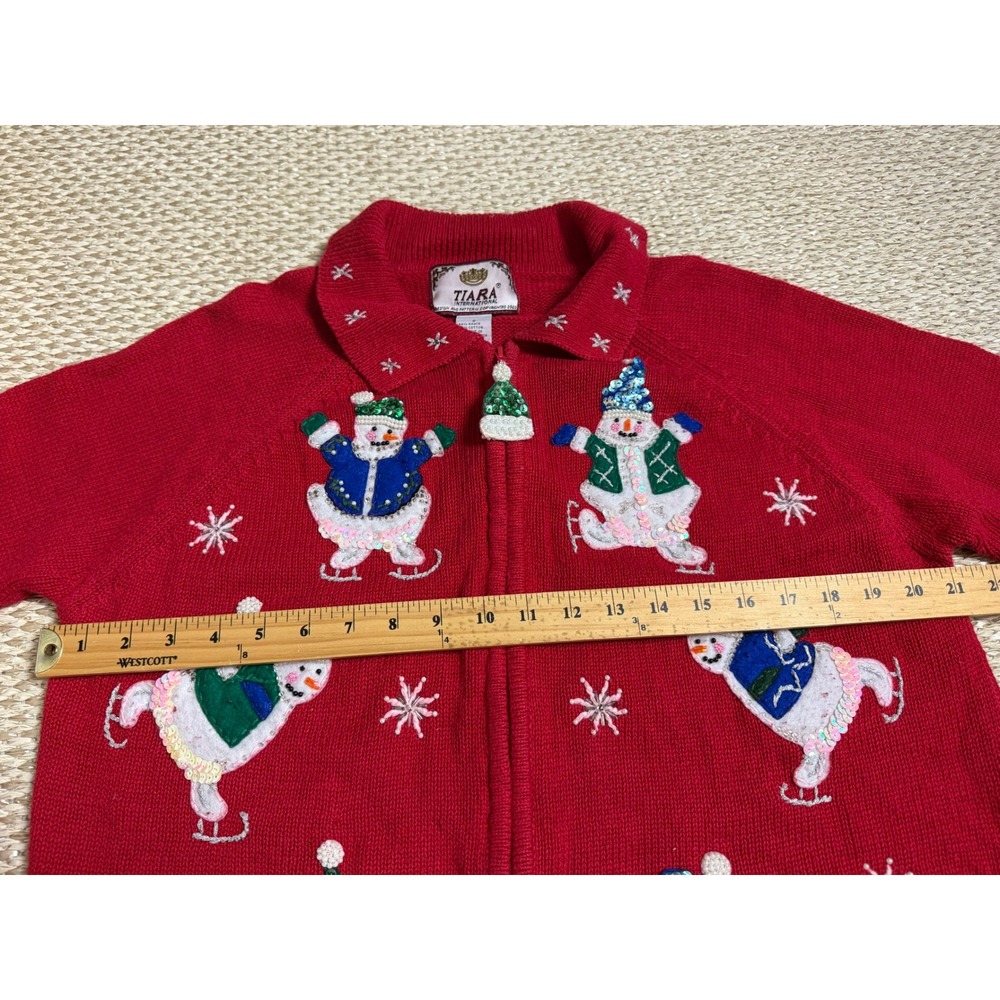 Tiara International Red Christmas Cardigan Snowman Sequin Zip Sweater holiday S - Picture 7 of 9